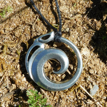 Spiral Manaia Pendant Necklace, Handcast Pewter Pendant on Adjustable Waxed Cord