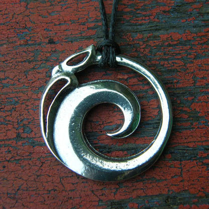 Spiral Manaia Pendant Necklace, Handcast Pewter Pendant on Adjustable Waxed Cord