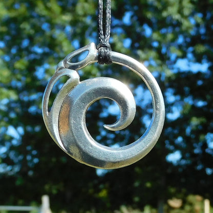 Spiral Manaia Pendant Necklace, Handcast Pewter Pendant on Adjustable Waxed Cord