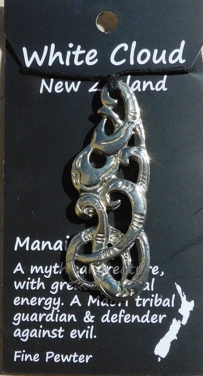 Manaia Pendant Necklace, Handcast Pewter Pendant on Adjustable Waxed Cord