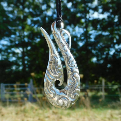 Guardian Pendant Necklace (Carved Design), Maori-Inspired Handcast Pewter Pendant on Adjustable Waxed Cord