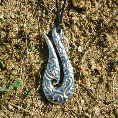 Guardian Pendant Necklace (Carved Design), Maori-Inspired Handcast Pewter Pendant on Adjustable Waxed Cord