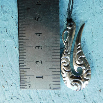 Guardian Pendant Necklace (Carved Design), Maori-Inspired Handcast Pewter Pendant on Adjustable Waxed Cord