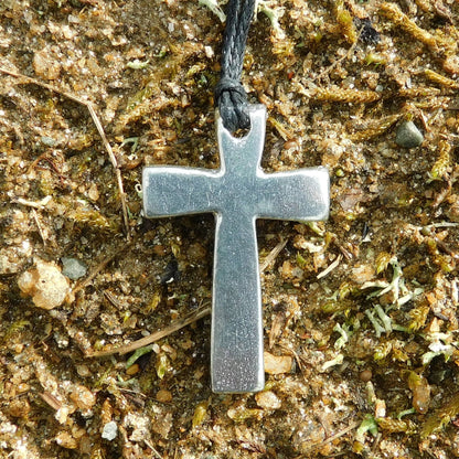 Simple Cross Pendant Necklace, Handcast Pewter on Adjustable Waxed Cord