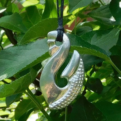 Maori Fish Hook Pendant Necklace (Textured Design), Handcast Pewter Pendant on Adjustable Waxed Cord