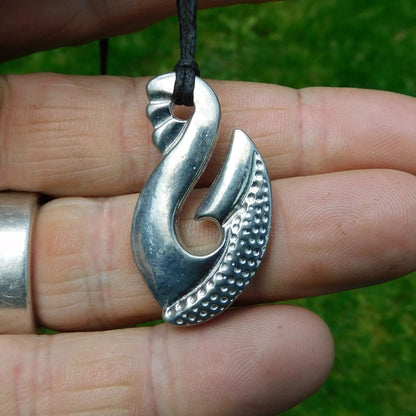 Maori Fish Hook Pendant Necklace (Textured Design), Handcast Pewter Pendant on Adjustable Waxed Cord