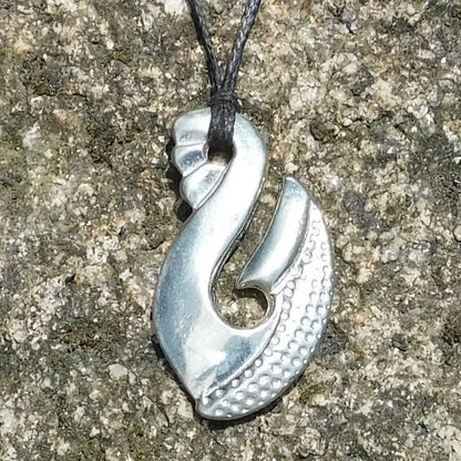 Maori Fish Hook Pendant Necklace (Textured Design), Handcast Pewter Pendant on Adjustable Waxed Cord
