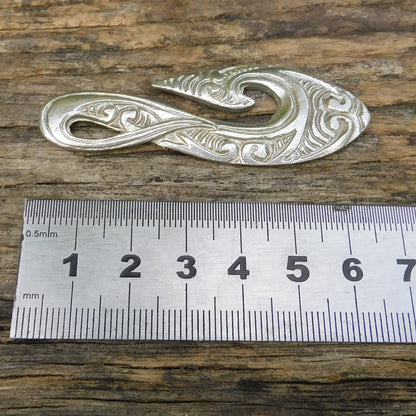 Engraved Maori Fish Hook Pendant Necklace (Large Design), Handcast Pewter Pendant on Adjustable Waxed Cord