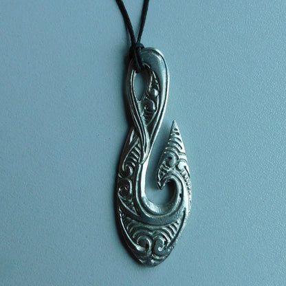 Engraved Maori Fish Hook Pendant Necklace (Large Design), Handcast Pewter Pendant on Adjustable Waxed Cord