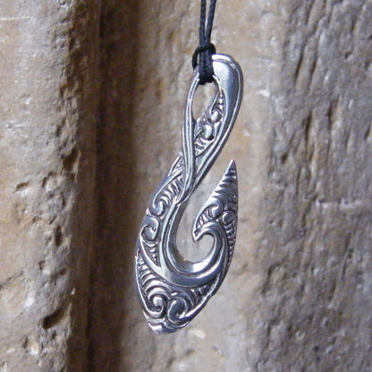 Engraved Maori Fish Hook Pendant Necklace (Large Design), Handcast Pewter Pendant on Adjustable Waxed Cord