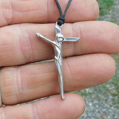 Crucifix Pendant Necklace, Handcast Pewter Cross with Christ Figure on Adjustable Waxed Cord