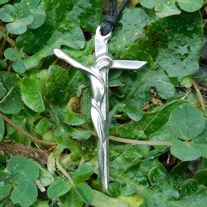 Crucifix Pendant Necklace, Handcast Pewter Cross with Christ Figure on Adjustable Waxed Cord