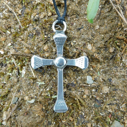 Horseshoe Nail Cross Pendant, Handcast Pewter Rustic Cross Necklace on Adjustable Cord