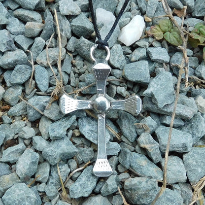Horseshoe Nail Cross Pendant, Handcast Pewter Rustic Cross Necklace on Adjustable Cord