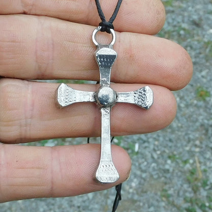 Horseshoe Nail Cross Pendant, Handcast Pewter Rustic Cross Necklace on Adjustable Cord