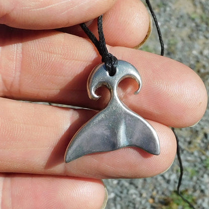 Whale Tail Pendant Necklace, Handcast Pewter Pendant on Adjustable Waxed Cord