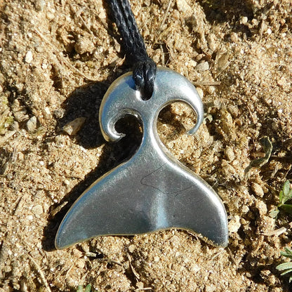 Whale Tail Pendant Necklace, Handcast Pewter Pendant on Adjustable Waxed Cord