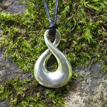 Infinity Loop Pendant Necklace (Open Twist Design), Handcast Pewter Pendant on Adjustable Waxed Cord