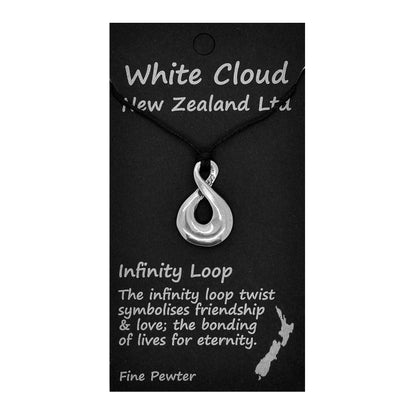 Infinity Loop Pendant Necklace (Open Twist Design), Handcast Pewter Pendant on Adjustable Waxed Cord