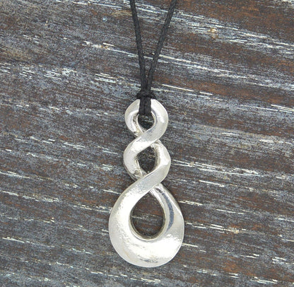 Flat Triple Infinity Loop Pendant Necklace, Handcast Pewter Pendant on Adjustable Waxed Cord