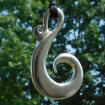 Spiral Fish Hook Pendant Necklace, Handcast Pewter Pendant on Adjustable Waxed Cord