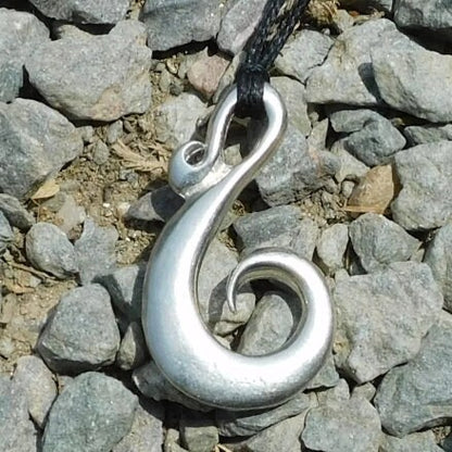 Spiral Fish Hook Pendant Necklace, Handcast Pewter Pendant on Adjustable Waxed Cord