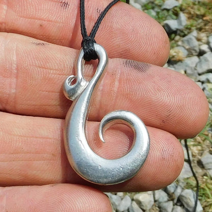 Spiral Fish Hook Pendant Necklace, Handcast Pewter Pendant on Adjustable Waxed Cord