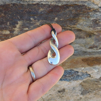 Triple Infinity Loop Pendant Necklace (Twisted Design), Handcast Pewter Pendant on Adjustable Waxed Cord