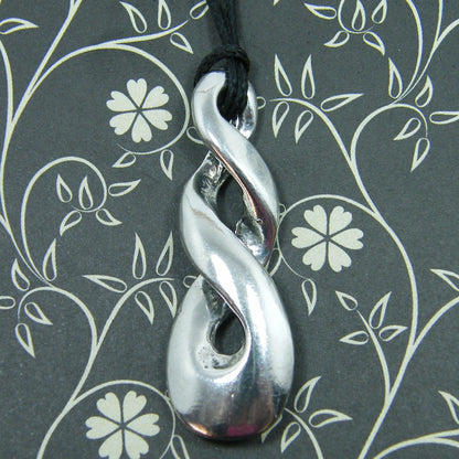 Triple Infinity Loop Pendant Necklace (Twisted Design), Handcast Pewter Pendant on Adjustable Waxed Cord