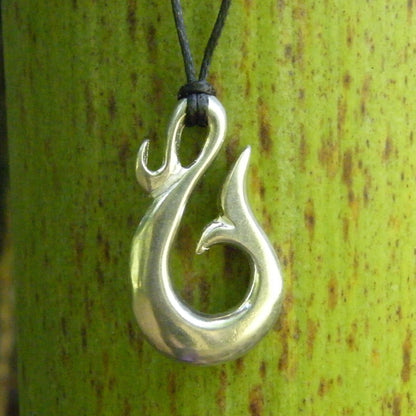 Whale Tail Hook Pendant Necklace, Handcast Pewter Pendant on Adjustable Waxed Cord