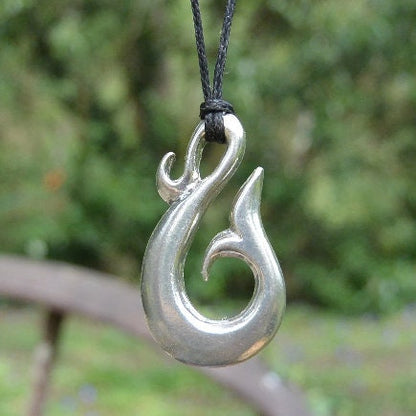 Whale Tail Hook Pendant Necklace, Handcast Pewter Pendant on Adjustable Waxed Cord