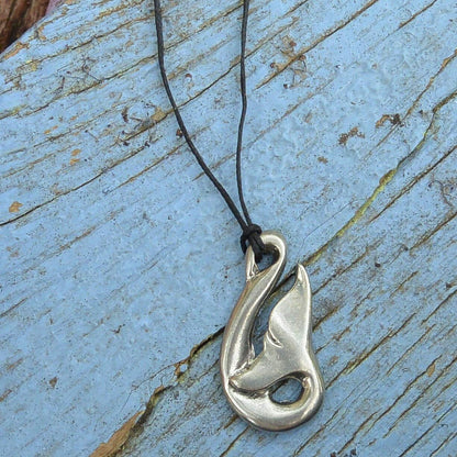 Whale Tail Pendant Necklace (Curved Design), Handcast Pewter Pendant on Adjustable Waxed Cord