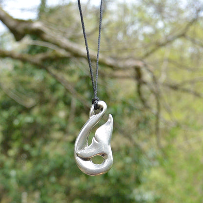 Whale Tail Pendant Necklace (Curved Design), Handcast Pewter Pendant on Adjustable Waxed Cord