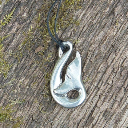 Whale Tail Pendant Necklace (Curved Design), Handcast Pewter Pendant on Adjustable Waxed Cord