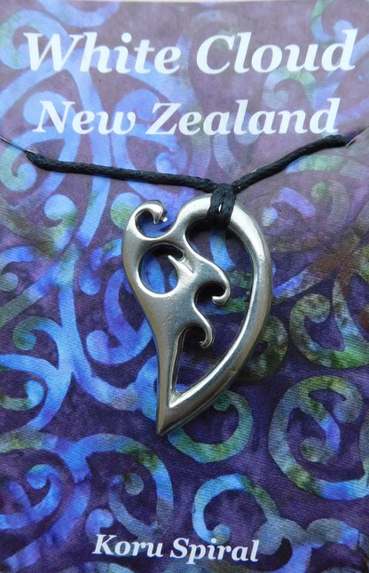 Koru Heart Pendant Necklace, Handcast Pewter on Adjustable Waxed Cord
