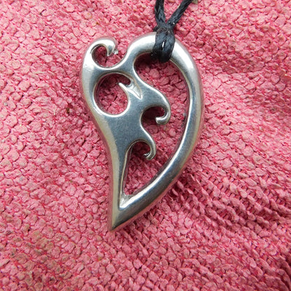 Koru Heart Pendant Necklace, Handcast Pewter on Adjustable Waxed Cord