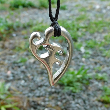 Koru Heart Pendant Necklace, Handcast Pewter on Adjustable Waxed Cord