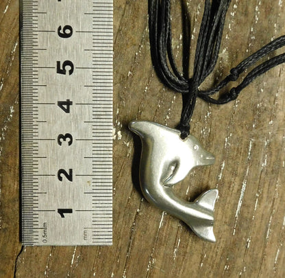 Leaping Dolphin Pendant Necklace, Handcast Pewter Pendant on Adjustable Waxed Cord