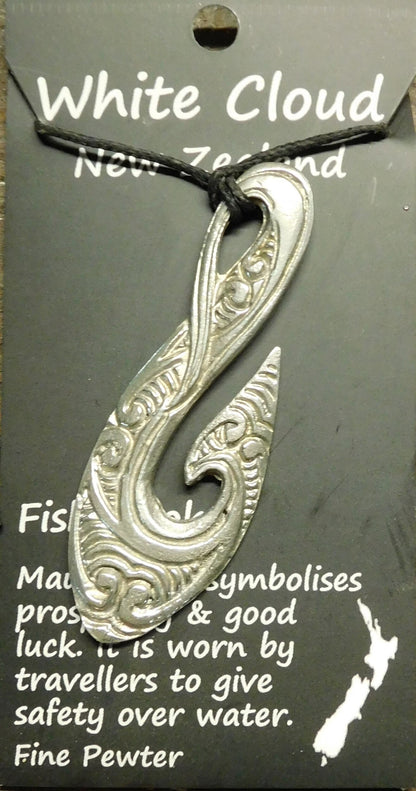 Fish Hook Pendant Necklace (Spiral Design), Maori-Inspired Handcast Pewter Pendant on Adjustable Waxed Cord