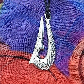 Maori Fish Hook Pendant Necklace (Kia Kaha Design), Handcast Pewter Pendant on Adjustable Waxed Cord