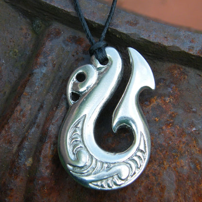 Traditional Manaia Pendant Necklace, Handcast Pewter Pendant on Adjustable Waxed Cord