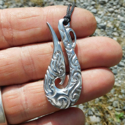 Guardian Pendant Necklace (Carved Design), Maori-Inspired Handcast Pewter Pendant on Adjustable Waxed Cord