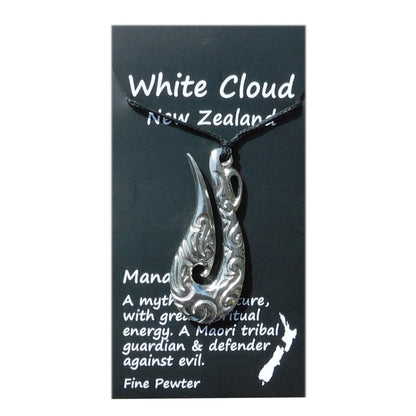 Guardian Pendant Necklace (Carved Design), Maori-Inspired Handcast Pewter Pendant on Adjustable Waxed Cord