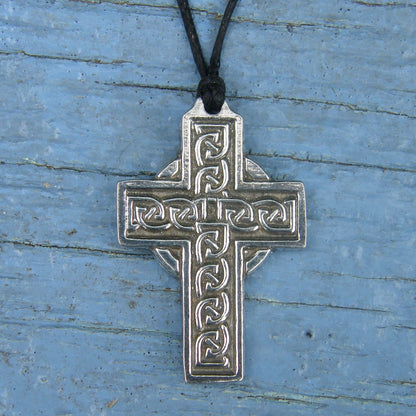 Celtic Cross Pendant Necklace (Engraved Knotwork Design), Handcast Pewter Pendant on Adjustable Waxed Cord