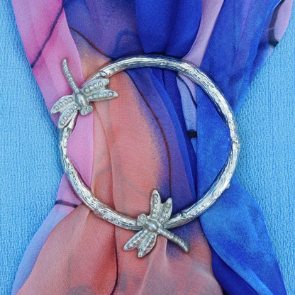 Two Dragonfly Scarf Ring, Oak Twig Circle, Handcast Pewter, Polished Finish
