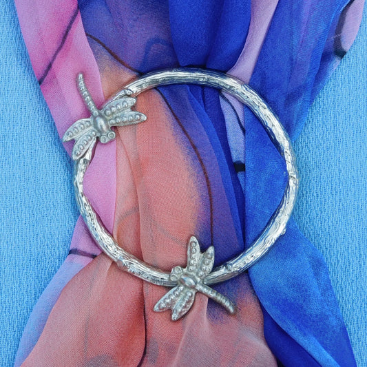 Two Dragonfly Scarf Ring, Oak Twig Circle, Handcast Pewter, Polished Finish