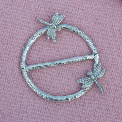 Two Dragonfly Scarf Ring, Oak Twig Circle, Handcast Pewter, Polished Finish