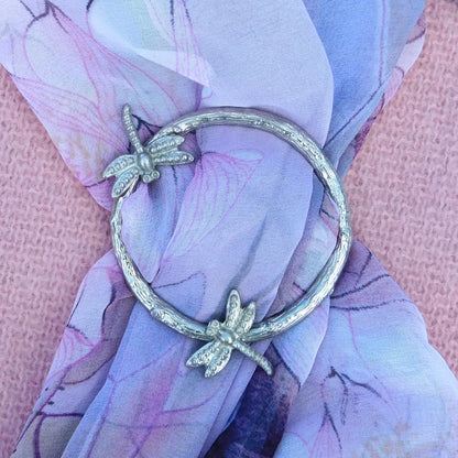 Two Dragonfly Scarf Ring, Oak Twig Circle, Handcast Pewter, Polished Finish
