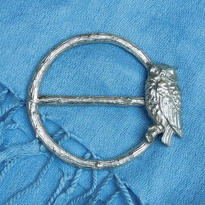 Owl Scarf Ring (Perched Owl), Oak Twig Circle, Handcast Pewter, Polished Finish