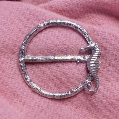 Seahorse Scarf Ring, Pewter Seahorse on Twig Circle, Handcast, Polished Finish